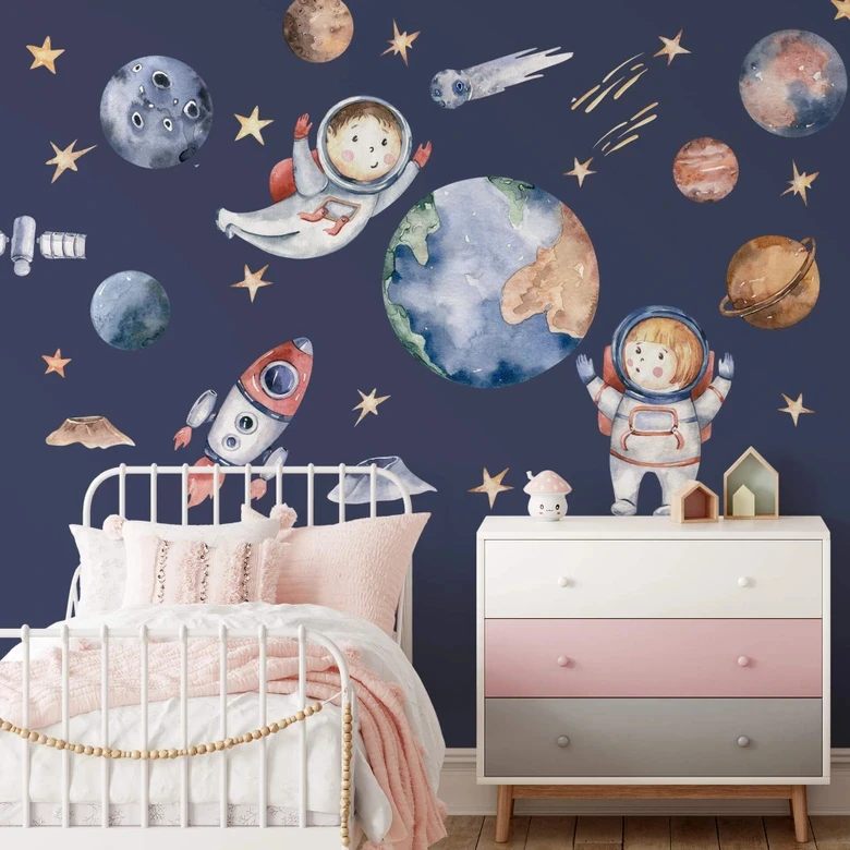 Watercolor Outer Space Astronaut Planet Wall Stickers Baby Nursery Kids Room Solar System Wall Decals Bedroom Living Room Decor
