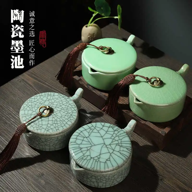 Ceramic Ink Pool Ink Box Table With Cover For BeginnersCalligraphy Special Rack Licking Wash Cylinder Plate Chinese Painting