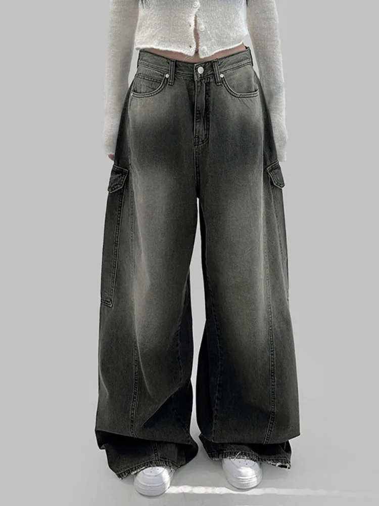 Vrouwen Vintage Zakken Baggy Cargo Jeans Y2k Streetwear Harajuku Hoge Taille Wijde Pijpen Broek Denim Broek Alt Kleding Donkergrijs
