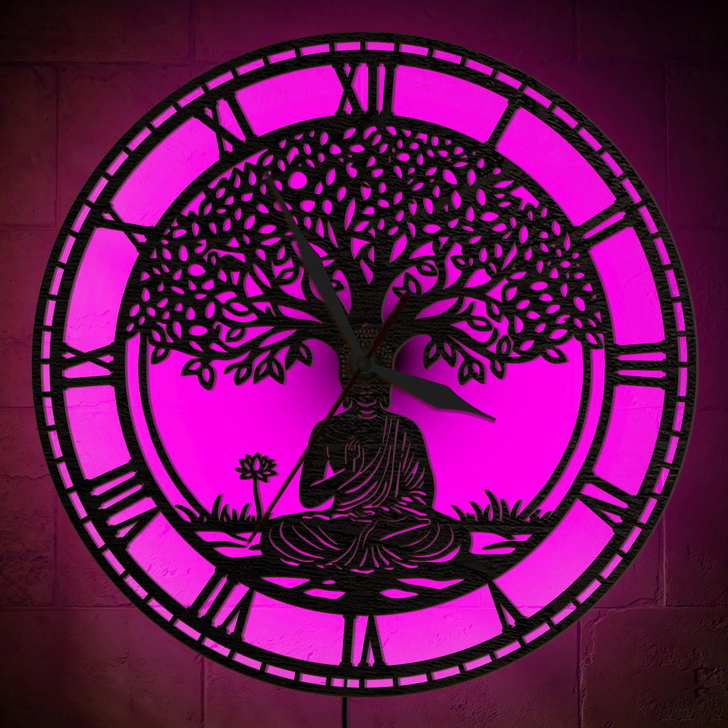 Buddha Meditation Tree Of Life LED Wall Clock RGB Color Changing Light Spiritual Zen Home Decor Wooden Wall Clock For Yoga Lover