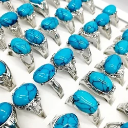 20/30/50Pcs/Lot Vintage Natural Blue Pine Stone Rings for Women and Men Fashion Silvery Charm Jewelry Accessories Gift Wholesale