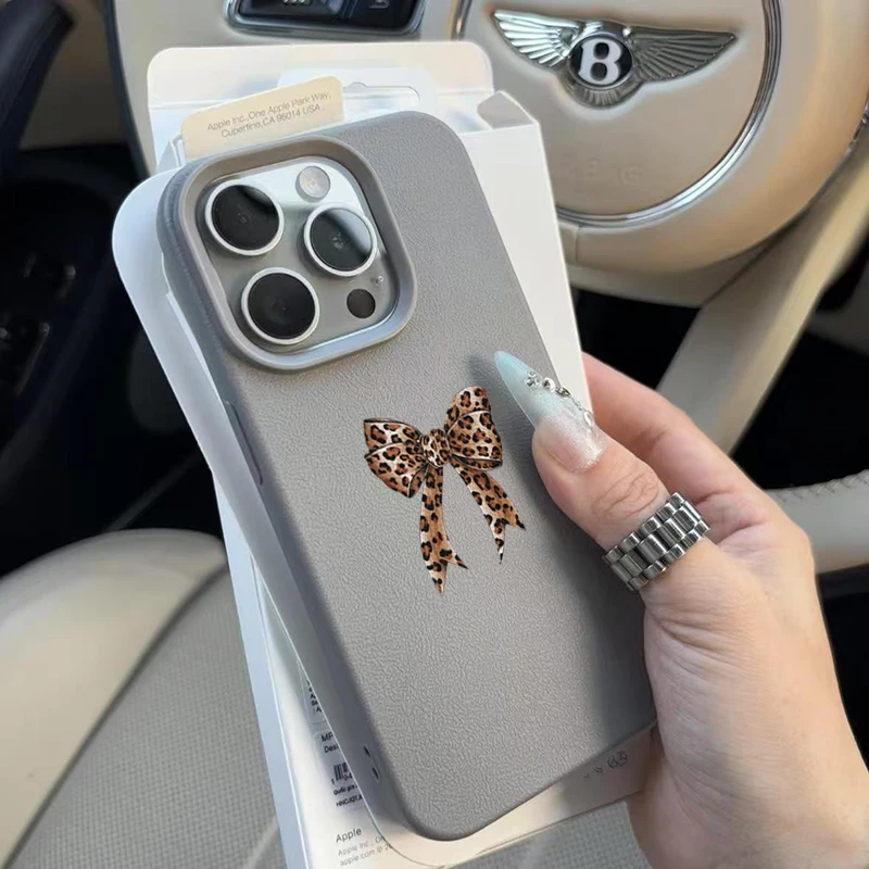 Stylish Leopard Print Bowknot Design Soft Phone Case For iPhone17 Pro Max 17Air 16 15 14 Pro 13 12 11 XR XS Lychee Pattern Cover - view 6