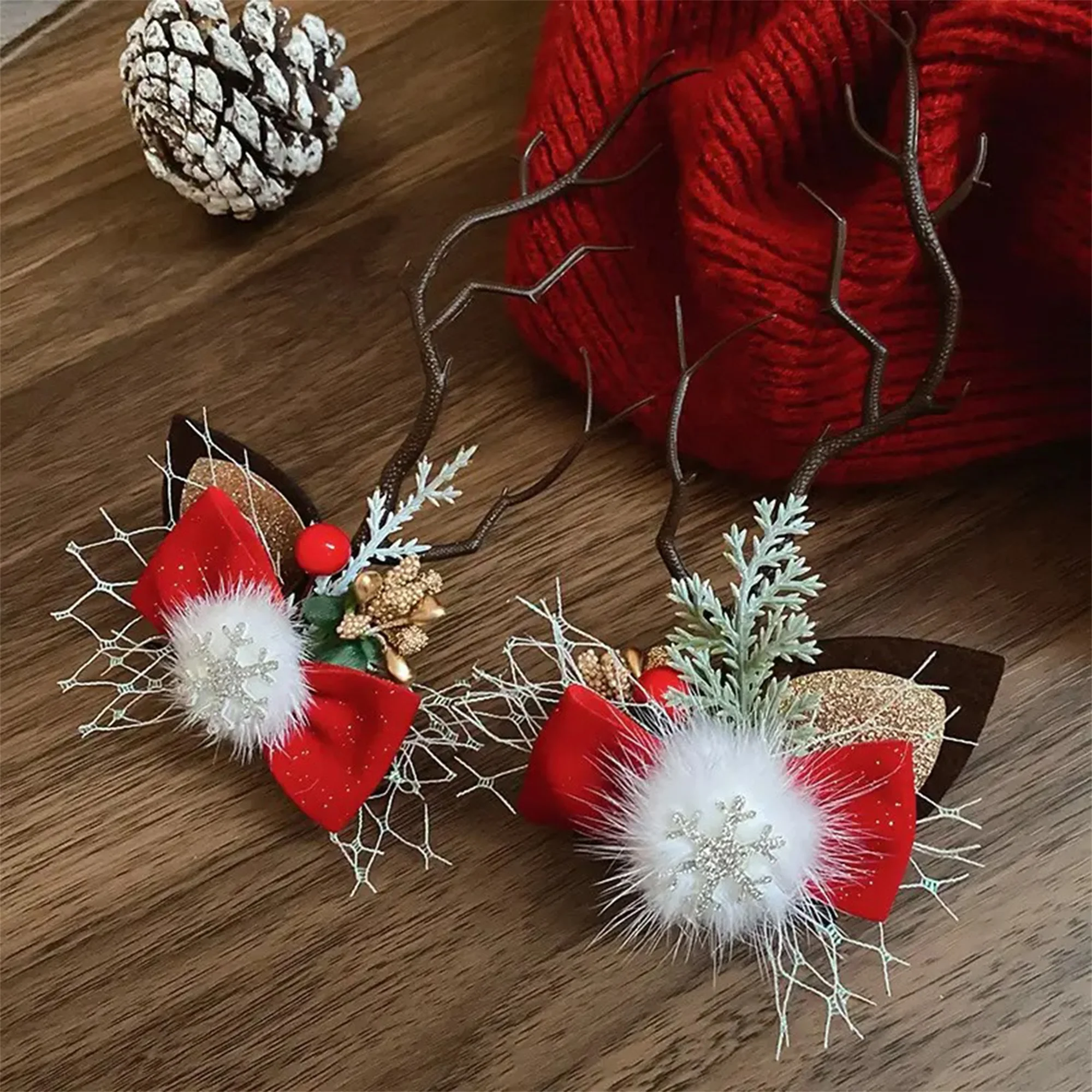 

Праздничные заколки для волос с оленями для девочек и женщин, очаровательные заколки с бантом и рогами, аксессуары для волос на Рождество