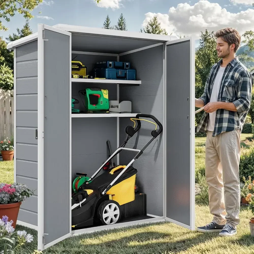60-Foot Tall Outdoor Storage Shed with 2 Shelves, 5x3 Tool Shed with Floor and Lockable Door, Durable Double-Walled Plastic Cabi