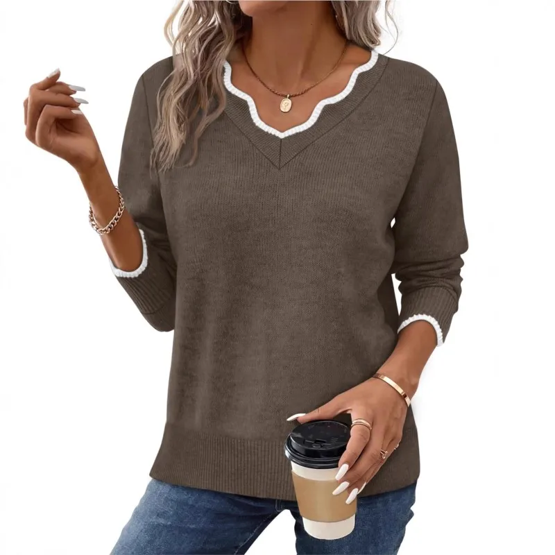 Suéteres informales sencillos para mujer, Jersey, Tops, novedad de Otoño de 2025, Jersey de manga larga con cuello de pico de Color sólido, camisa por el trasero para mujer