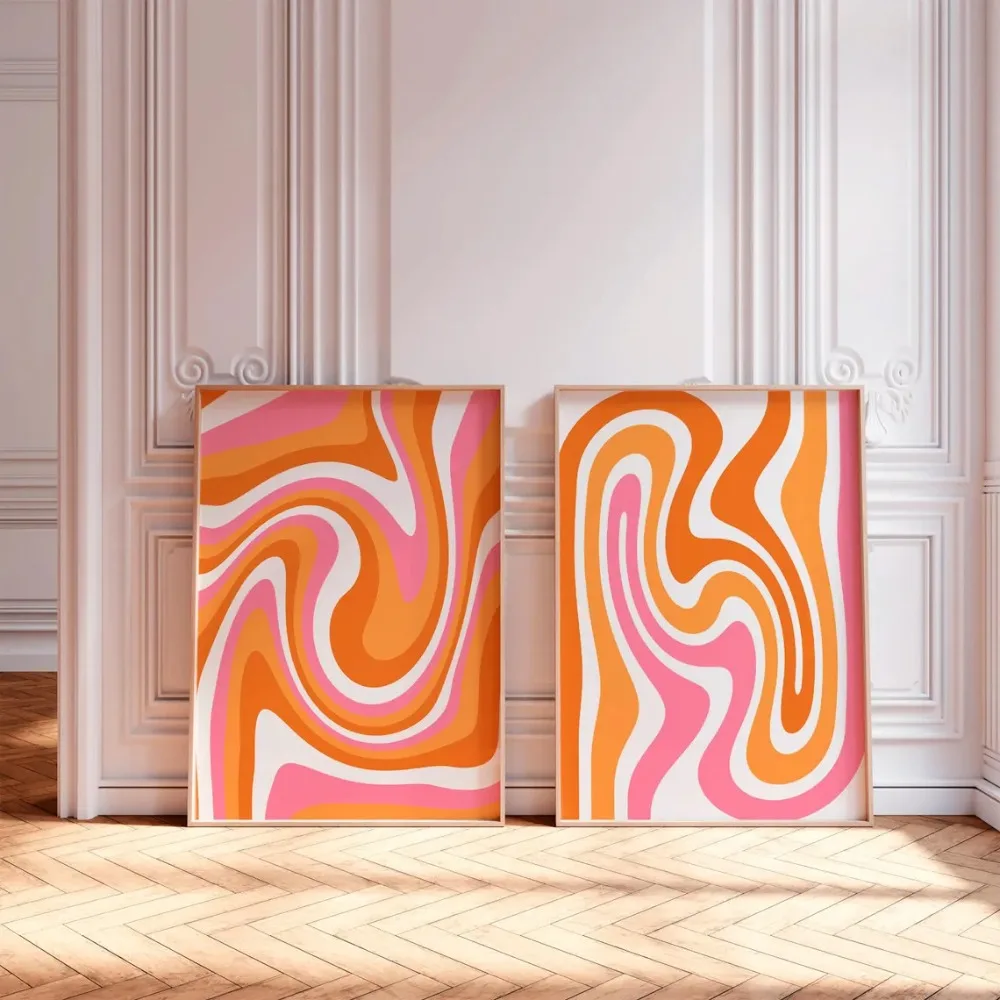 2pcs Frameless Modern Abstract Wave Bold Orange Pink Canvas Wall,Minimalist Swirl Pattern Poster,Living Room and Bedroom Decor
