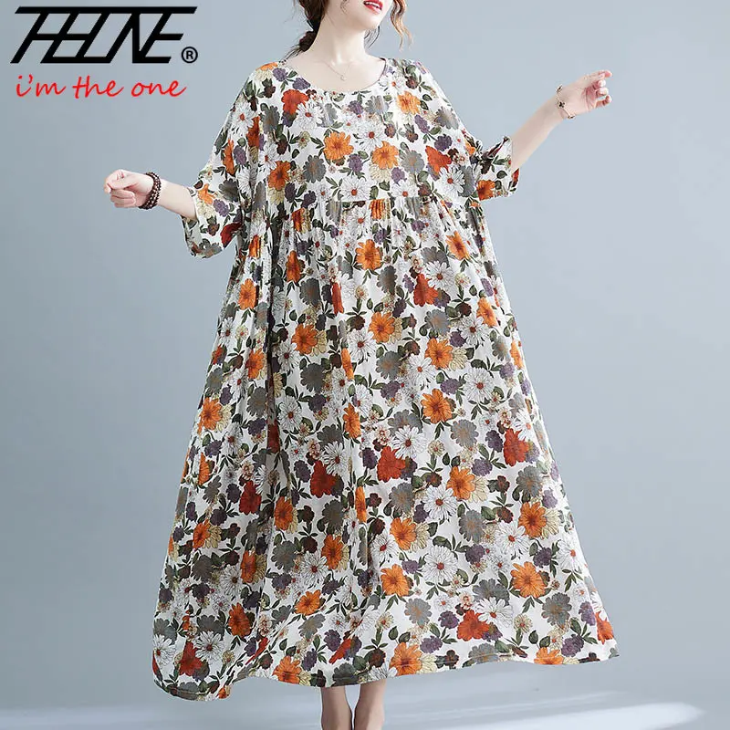 Summer Floral Beach Dress for Women Robe Oversized Loose Long Casual Korean Cotton Woman Ladies Print Dresses Vestido Feminino