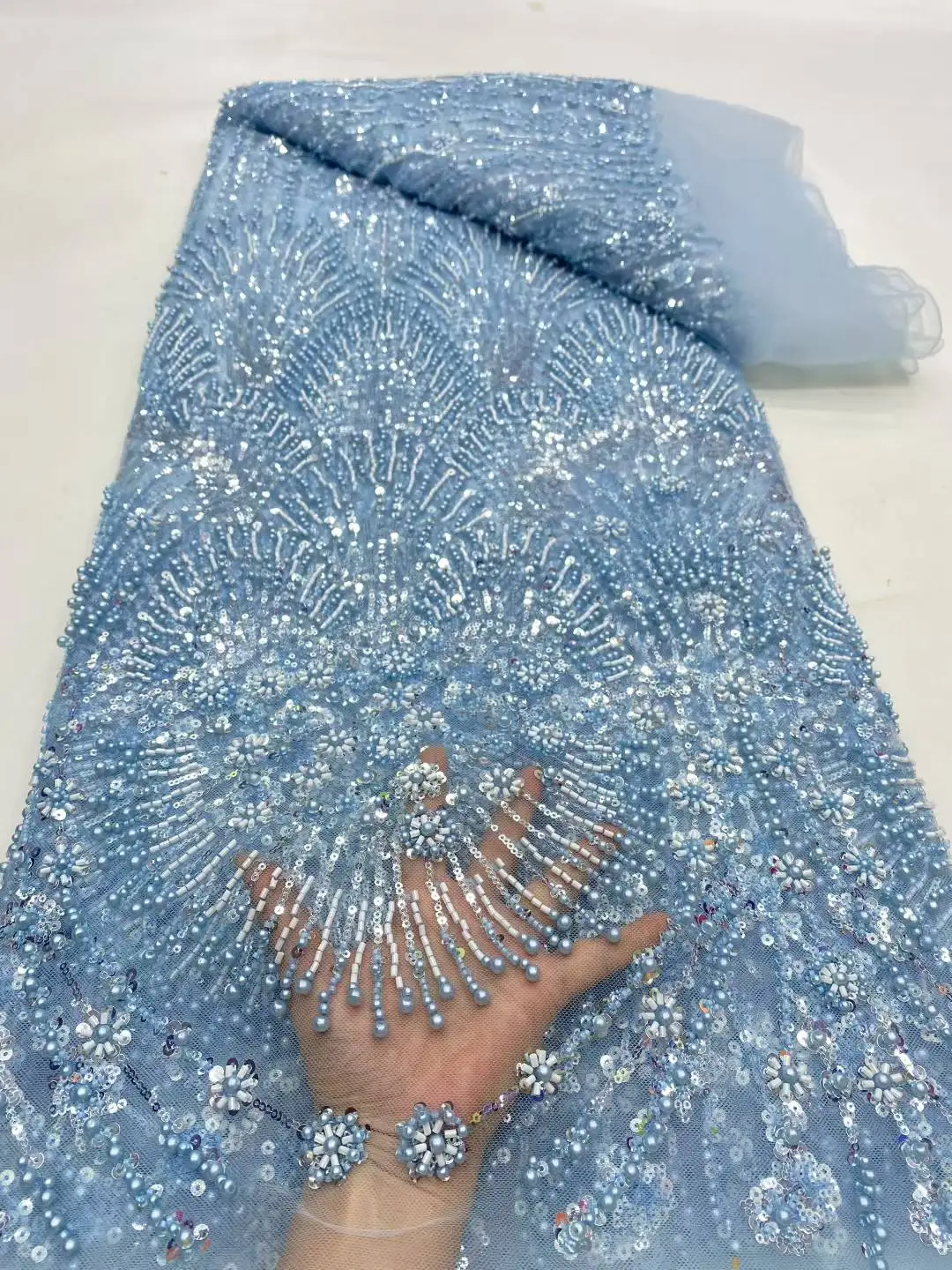 

African Fabric Lace 5 Yards Beaded Lace High Quality 2025 Sequins French Lace Fabrics Nigerian For Wedding Dress Sewing