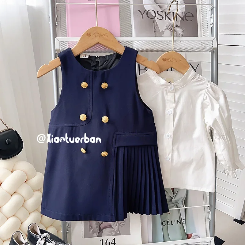 Two Pieces Autumn Baby Girls Schoolwears Blue O-necked Sleeveless Dresses White Puff Sleeves Shirts Undershirts