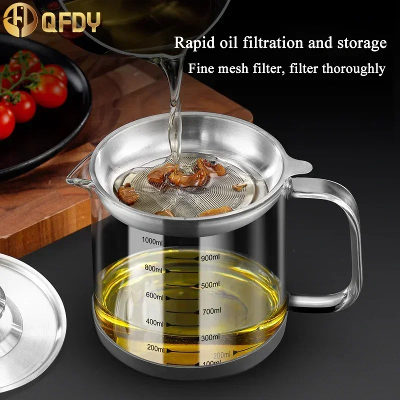 Glass Oil Filter Pot Container Oil Separator Fine Mesh Strainer Tank Storage gadget useful things for kitchen 1000ml/1500ml