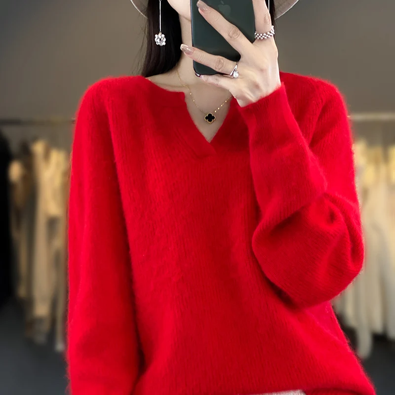 100% Mink Fleece Sweater Women\'s Round Neck Small V-Neck Top Pullover Autumn And Winter New Korean Luxury Fashion Warm Keeping