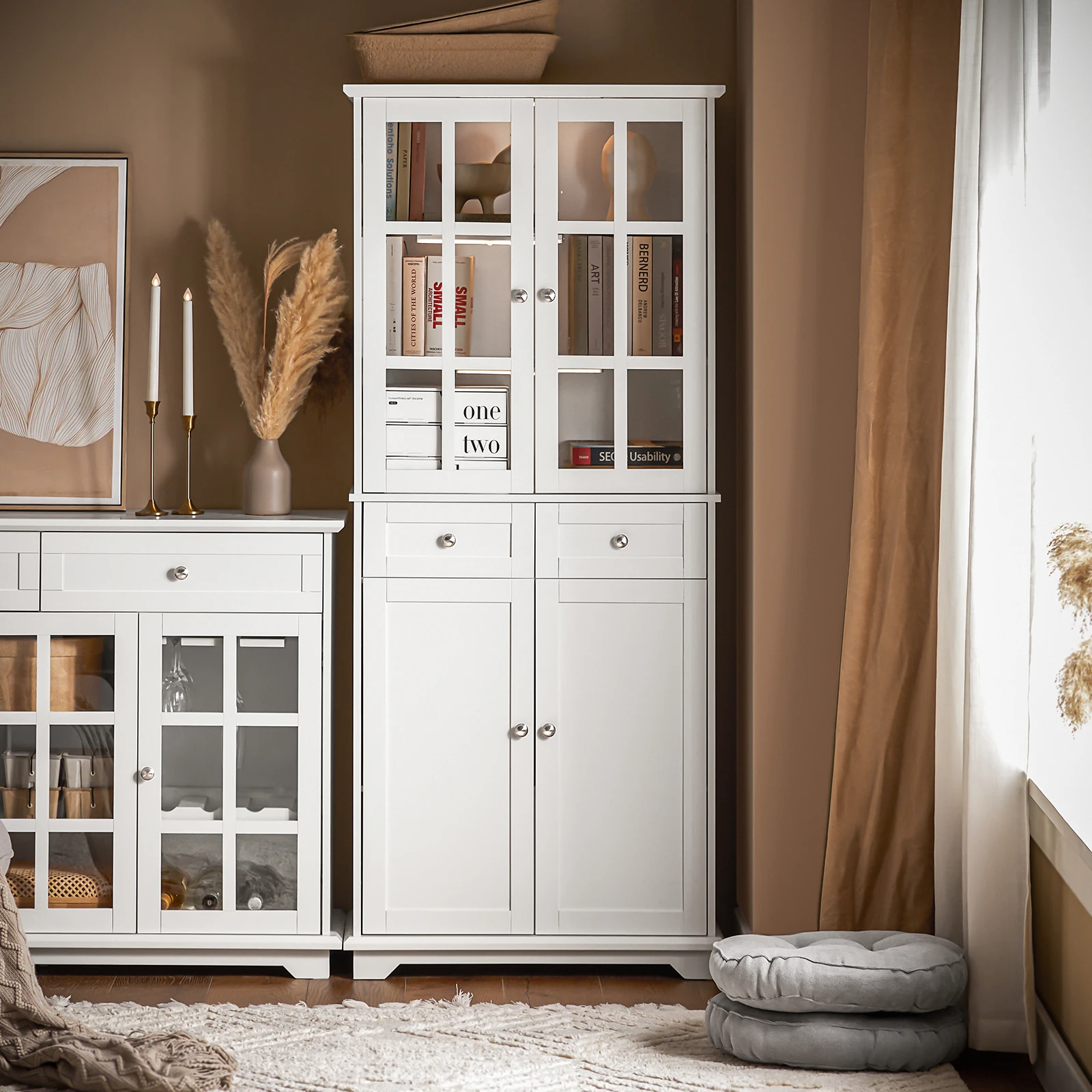 SoBuy FSB76-W Armario de cocina con puertas de cristal Armario alto de almacenamiento con 6 compartimentos y 2 cajones Buffet Blanco 75x175x40c