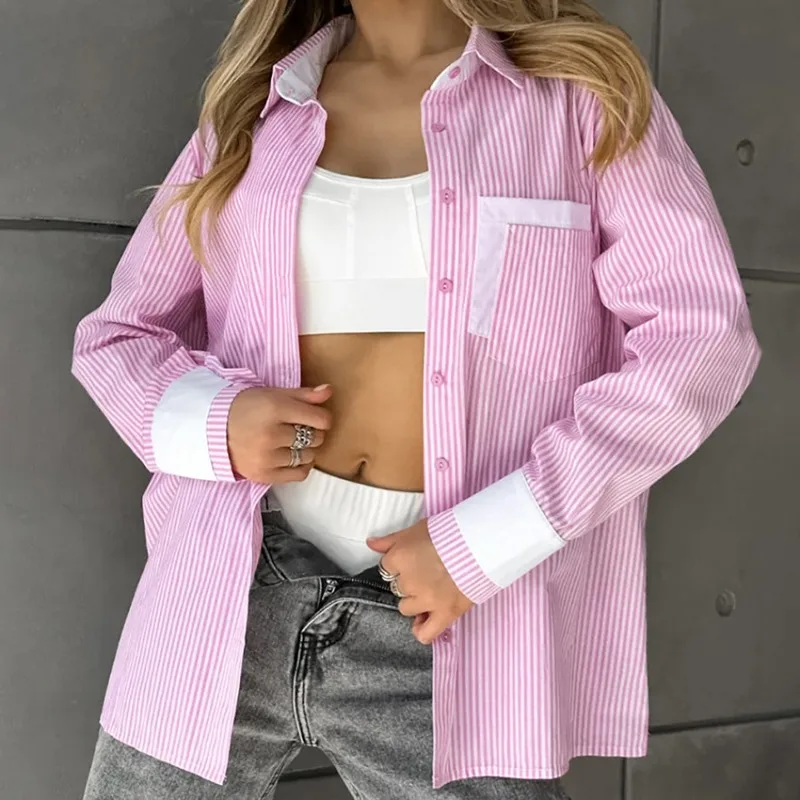 

Women Pink White Spliced Stripe Long Sleeve Shirt Lapel Single Breasted Pockets Women Loose Blouse Shirt Office Lady Commuter
