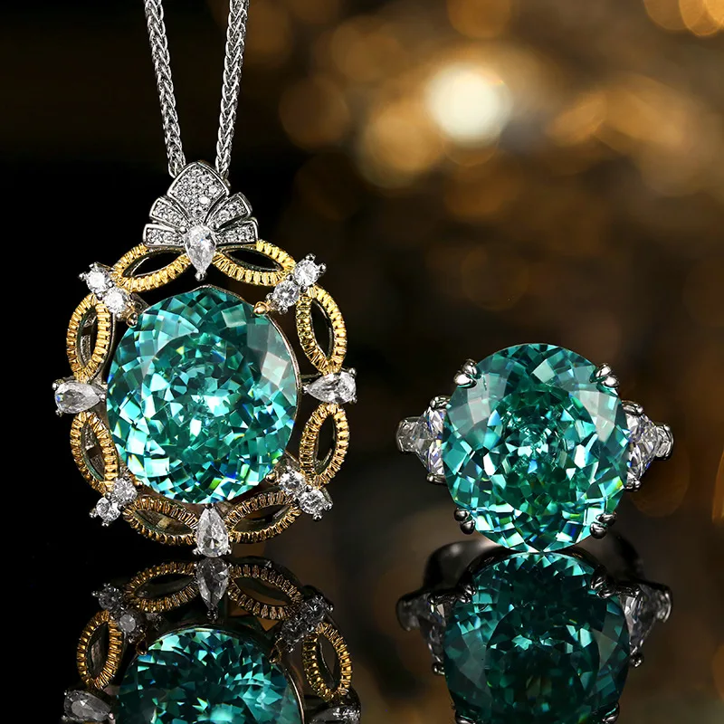 

Vintage Two Tone Paraiba Teal Green Jewelry 18*20mm Oval Cut Adjustable Ring Pendant Necklace with Sparkling CZ Accents Gift