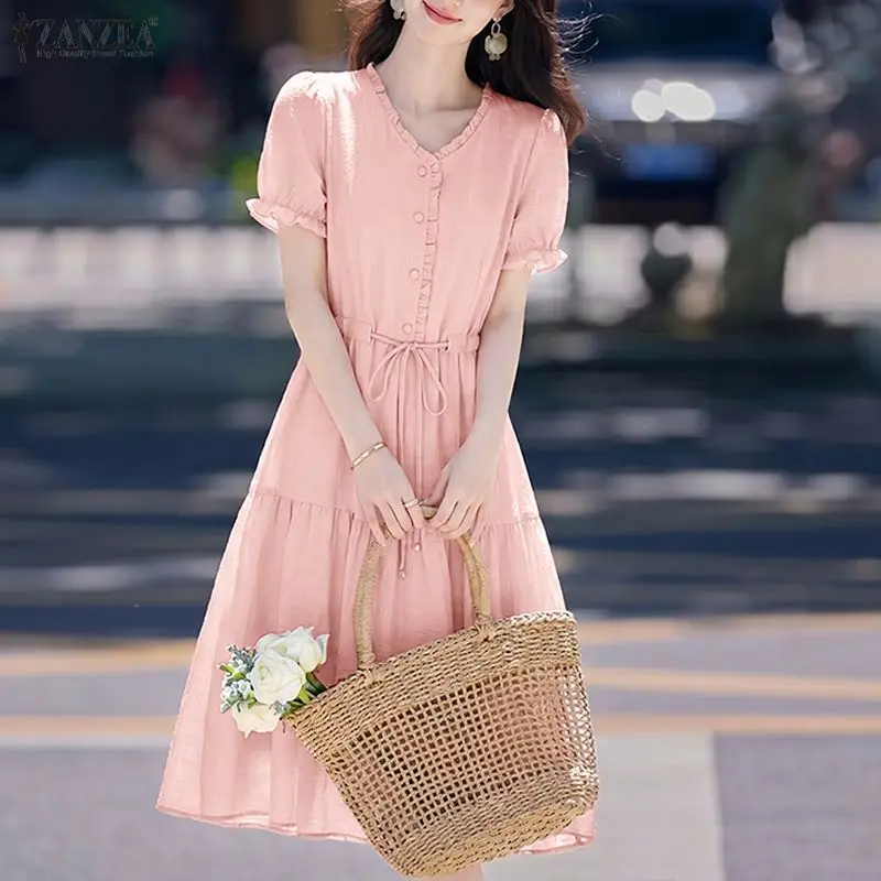 

2026 ZANZEA Women Summer Short Sleeve Solid Ruffled Dress Elegant Work Dresses V Neck Casual Drawstring Waist Holiday Sundress