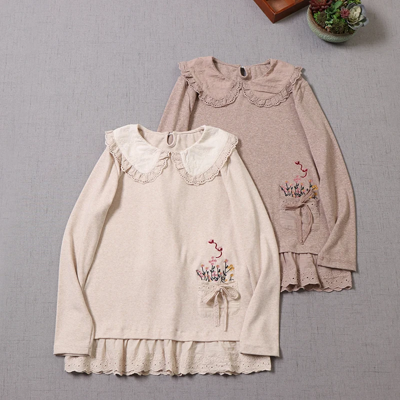 Mori Girl Kawaii Peter Pan Collar Knitted Cotton Base T-shirt Women Spring Autumn Long Sleeved Sweet Embroidery Pullover Tops