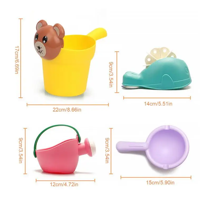 Arrosoir de plage en silicone, 4 pièces, jouets de bain, sable de plage, tasse à shampoing, passoire, baleine, roue d'eau, jouets d'été