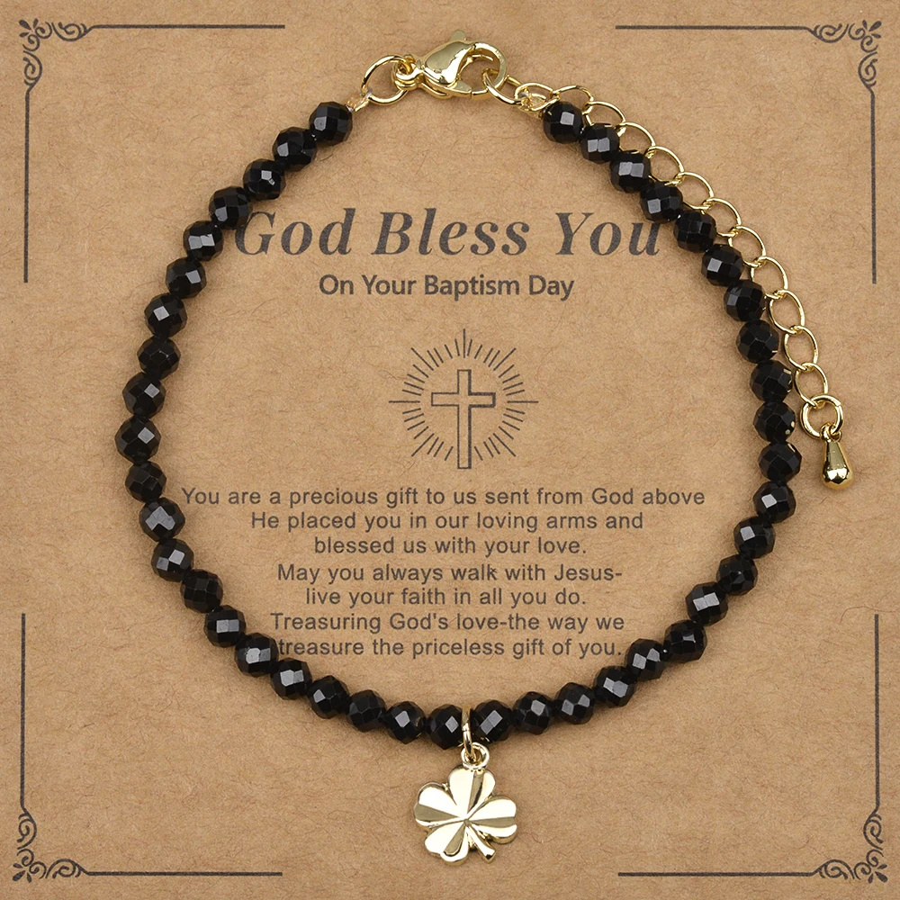 Pulseira de trevo de quatro folhas, espinélio preto, rodadas facetadas, latão, boa sorte, adequado para homens e mulheres, desgaste diário, 4mm