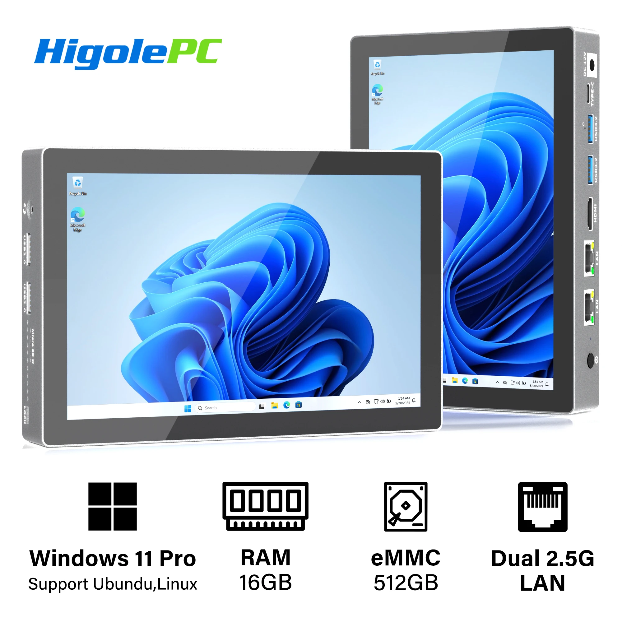 Higole f9b pro 7 ''n100 mini pc mit touchscreen windows 11 wifi5 16gb 512gb tablet 5000mah dual 2,5g lan nas desktop computer