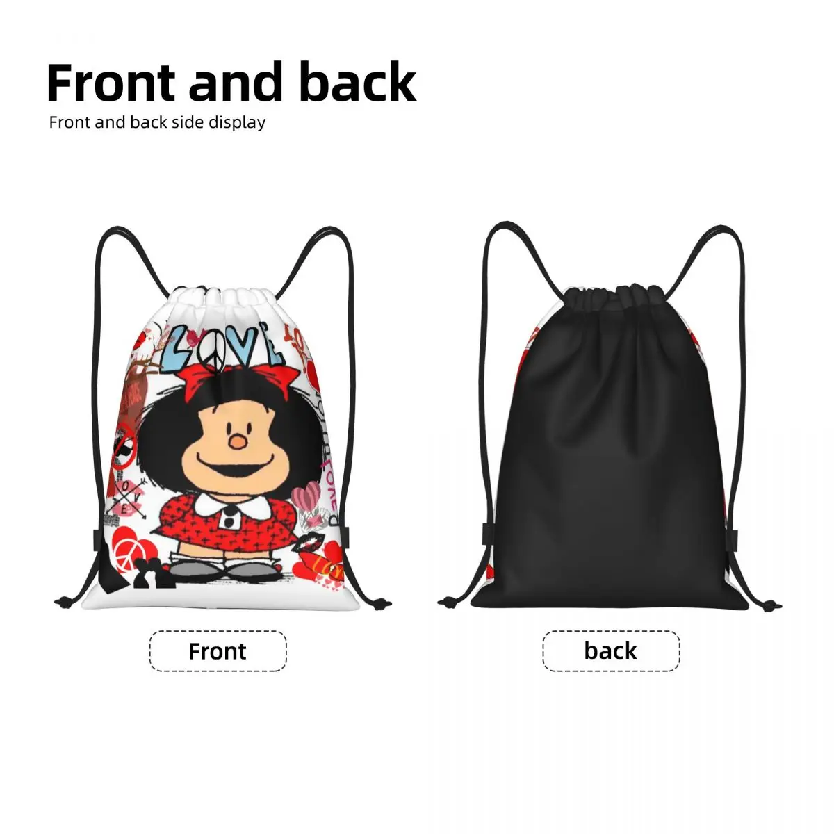 Love And Mafalda circondato da Hearts zaino con coulisse Sport Gym Sackpack portatile Quino Manga Cartoon Shopping Bag Sack