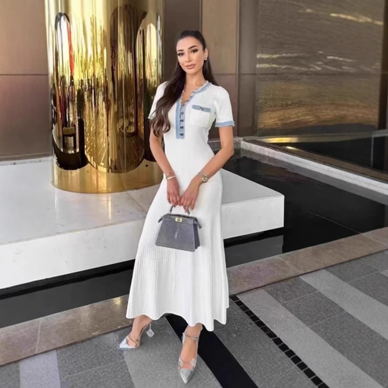 

STYLISH LADY Denim Patchwork Knitted Dress 2025 Autumn Women Short Sleeve O Neck Button Bodycon Elegant OL Party Maxi Dresses