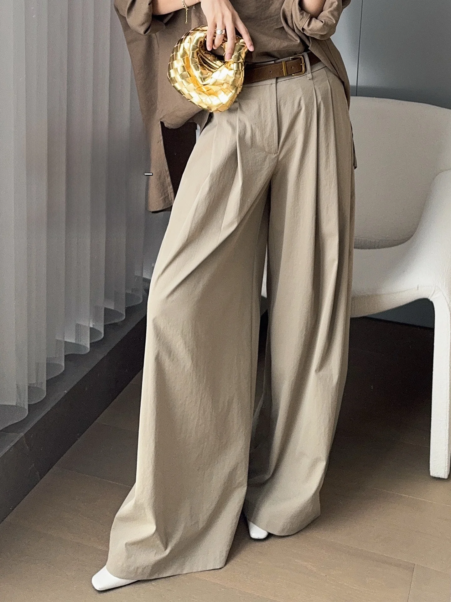 

Meiyang Casual Wide Leg Pants Soft Crumpled Sensation Desert Sand High Waist Trousers for Women Autumn Season Polyester Fiber