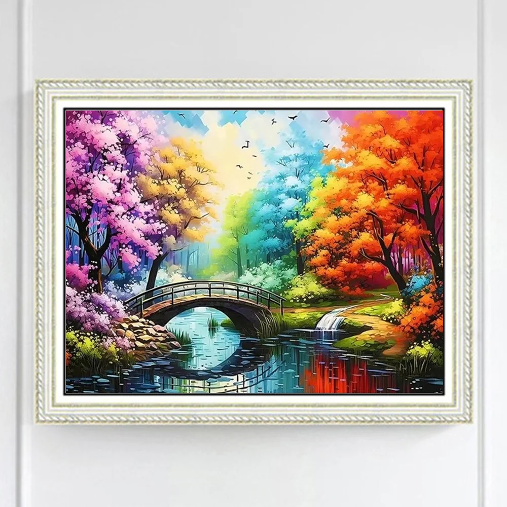 MomoArt Diamond Embroidery Tree Cross Stitch Kit Painting Bridge Landscape DIY Mosaic River Full Square Round Handmade Hobby
