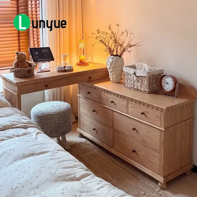 Modern Wooden Makeup Dresser with Chest of Drawers Retractable L Shaped Vanity Table Large Storage Space Bedroom Furniture