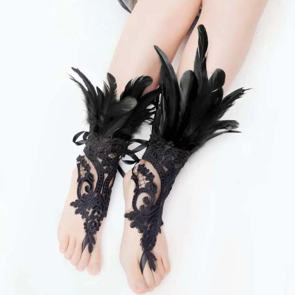 Polsino creativo Guanti di piume di Halloween Guanti di pizzo di piume gotiche retrò Ricamo Polsini di Halloween per donne scure Carnevale