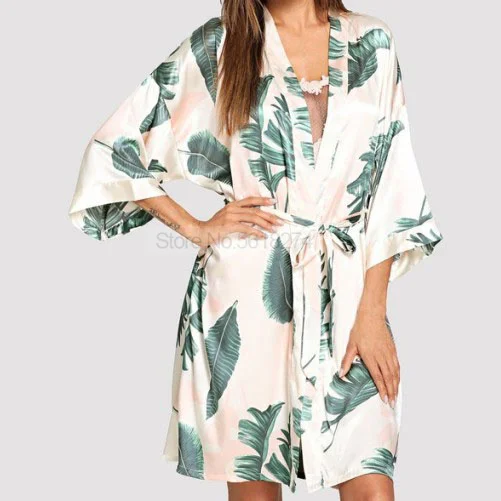 

Satin Print Sleepwear Sexy Women Kimono Gown Silky Intimate Lingerie Bathrobe Loose Nightdress Casual Nightgown Homewear