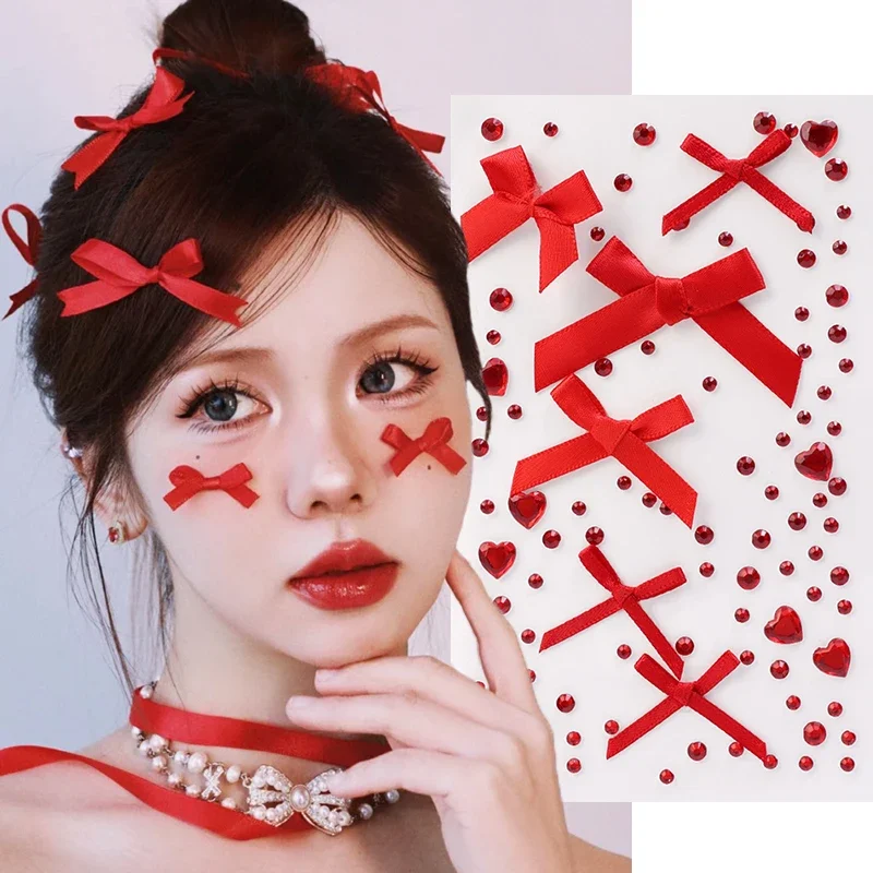 

Красный, розовый бант, лента, акриловые стразы, временные татуировки, сделай сам, наклейка для макияжа глаз, лица, самоклеящаяся вечеринка, фестиваль, украшение, инструмент