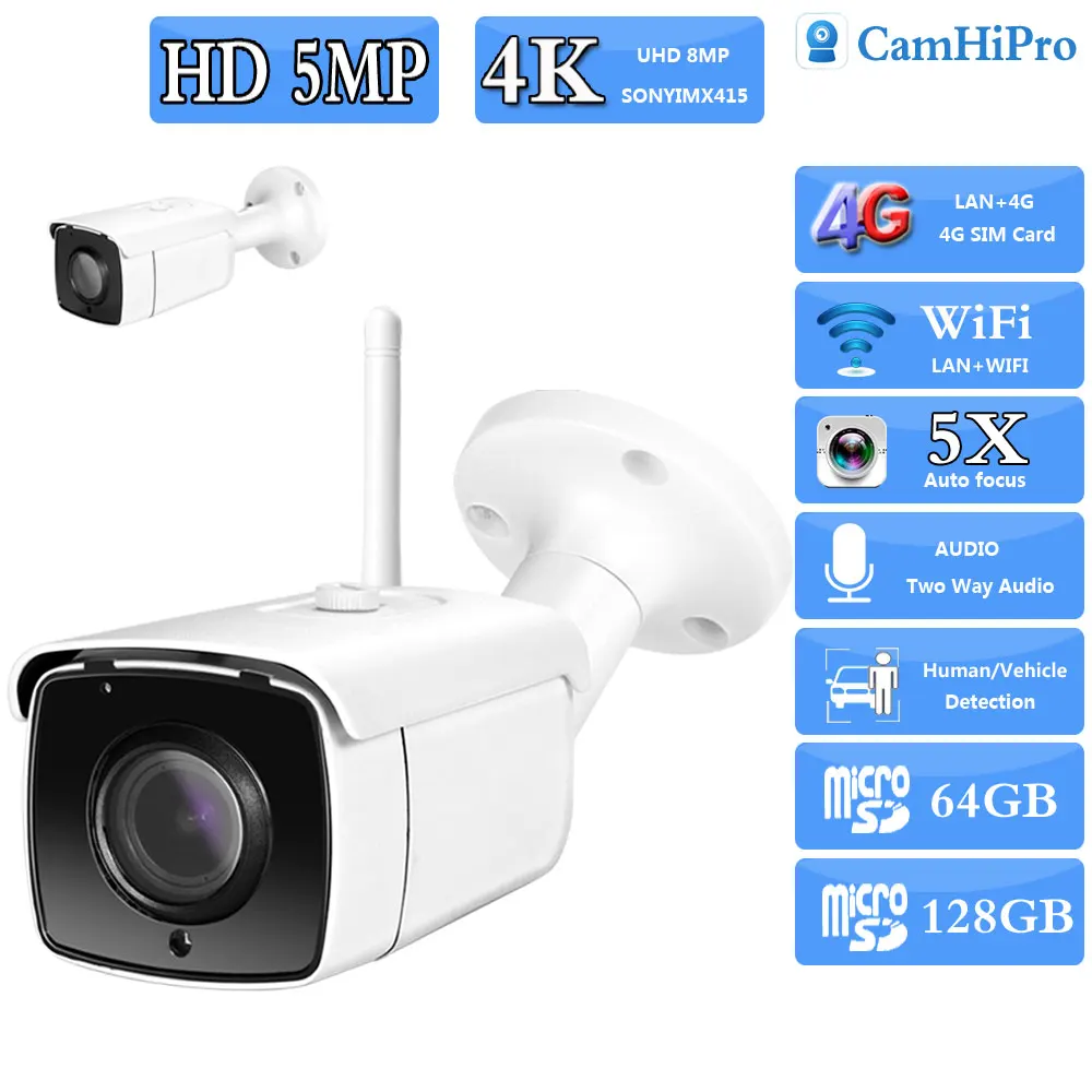 RU.3G 4G SIM Card Sony415 4K 8MP Wireless Security Kамера Wifi 5X Optical Zoom Two Way Audio Human Detection IR Night Version