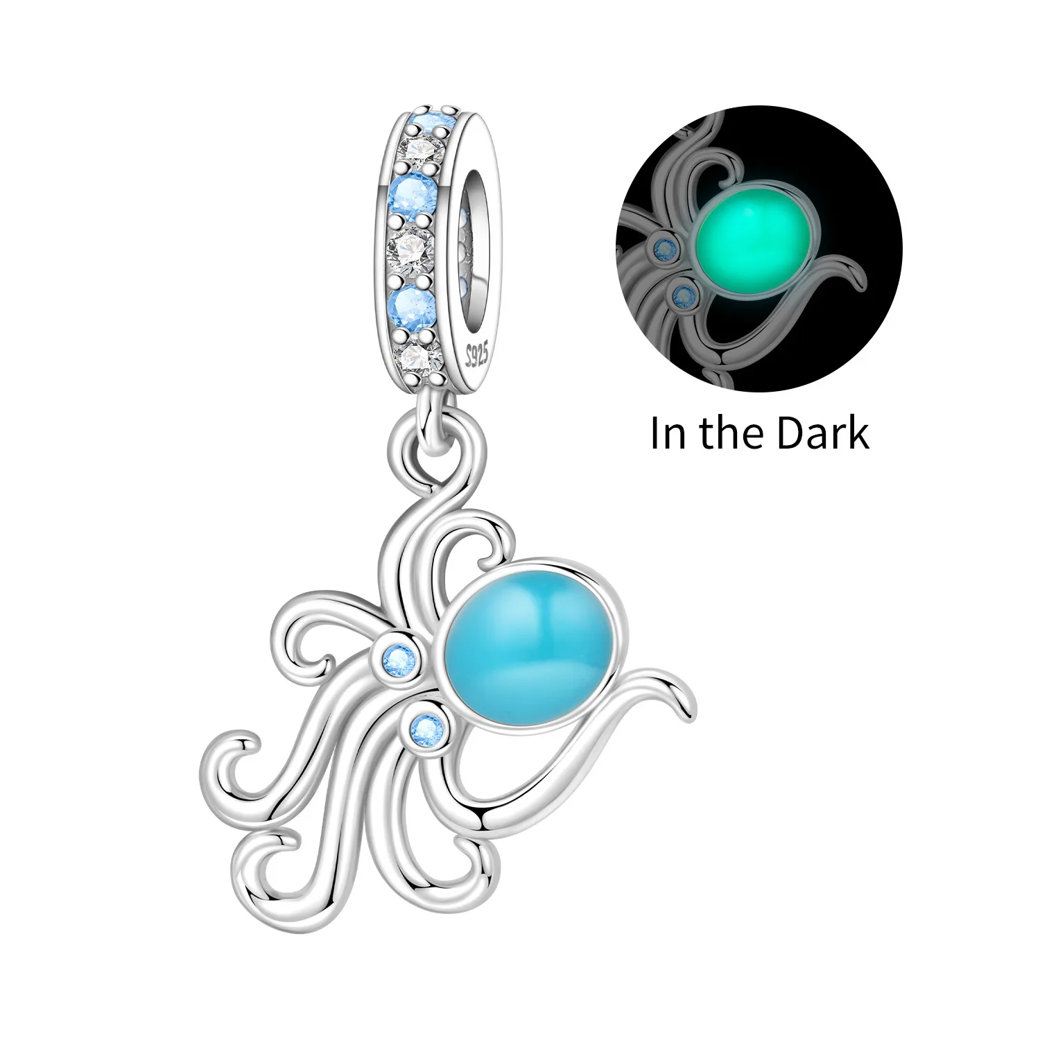 MISEFF S925 Sterling Silber Charm-Anhänger mit Meereslebewesen-Oktopus, im Dunkeln leuchtend, für Armbänder, DIY-Schmuckherstellung, Geschenk für Frauen