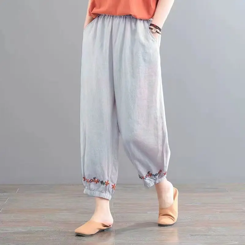 

Korean Simplicity Women Large Size Summer Embroidered Solid Color High Waist Harem Women Clothes Casual All-match Cropped Pants