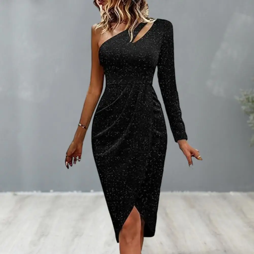 

Women Sexy One-Shoulder Long Sleeve Party Dress Sexy Banquet Sparkling Dress Diagonal Collar Hip Wrapped Pleated Bodycon Dress