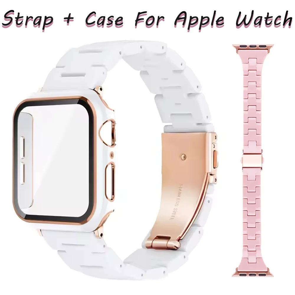 

Strap+Case for Apple Watch 9 8 7 45mm 41mm Smart Watch Resin Wristband for iWatch 6 5 4 SE 44mm 40mm 3 38/42mm Replacement Strap