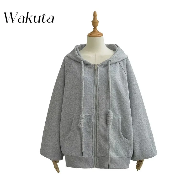 WAKUTA Classic Autumn/winter Hooded Sweatshirt Drawstring Fleece Double Pocket Loose Casual Cardigan Long Sleeved Sweatshirts