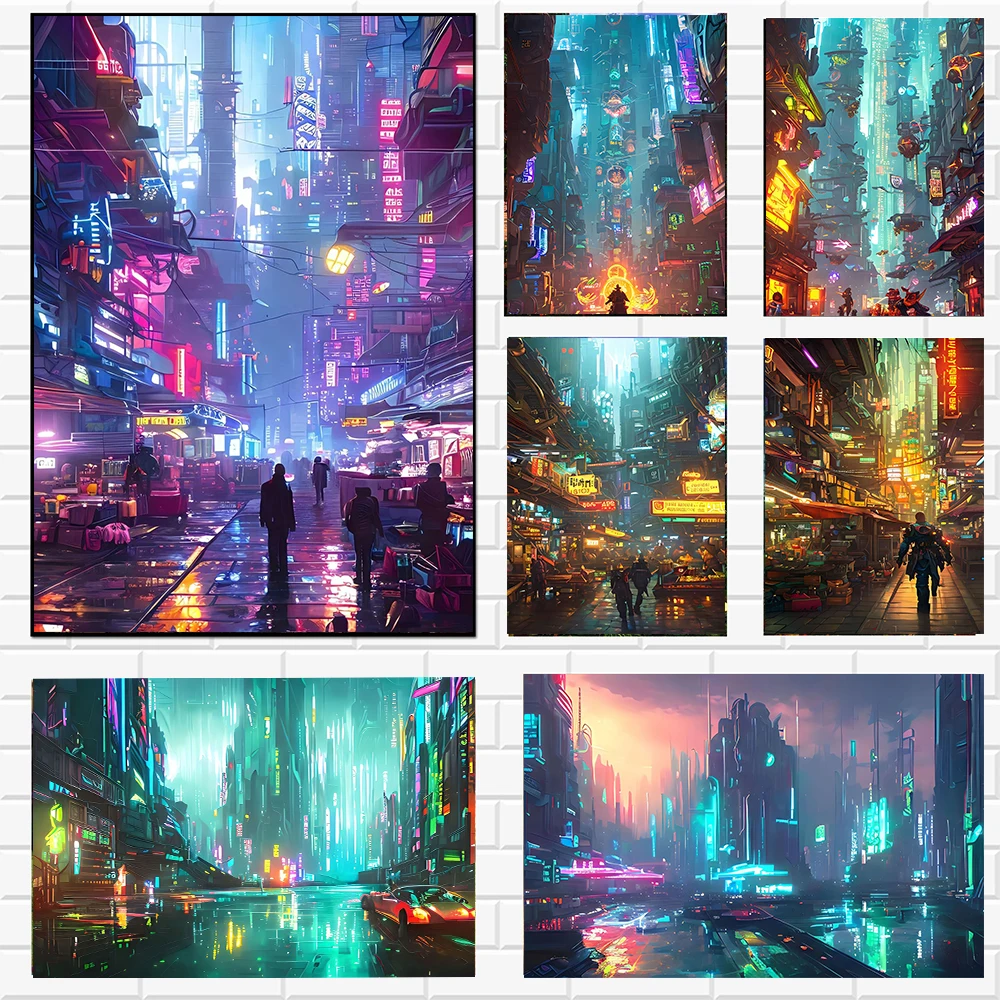 Cyberpunk City Landscape Poster Prints For Living Room Home Decor Fantastic Future World Night Scenery Canvas Painting Wall Art