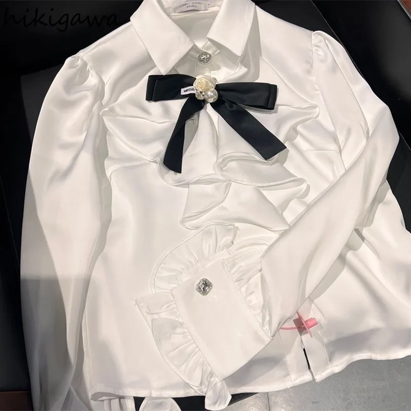 White Blouse for Women Long Sleeve Bow Shirts 2024 Blusas Mujer De Moda Temperament Ladies Tops Ruffles Fashion Korean Blouses