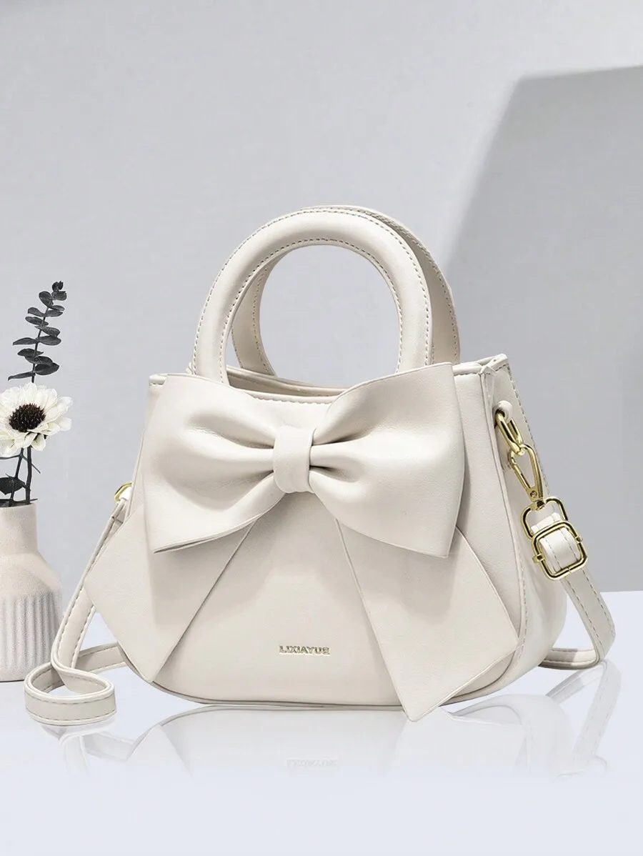 

Cream Bow Detail Top-Handle Handbag with Adjustable Strap