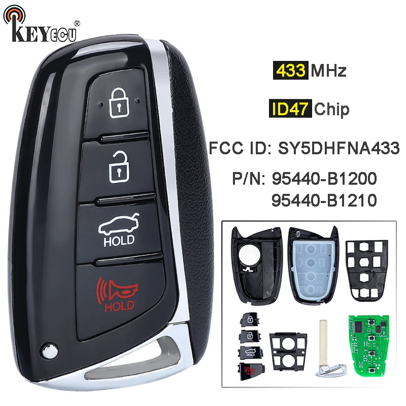 KEYECU 433 MHz ID47 Chip P/N: 95440-B1210 / 95440-B1200 SY5DHFNA433 Portachiavi remoto intelligente per Hyundai Genesis G80 2015 2016 2017