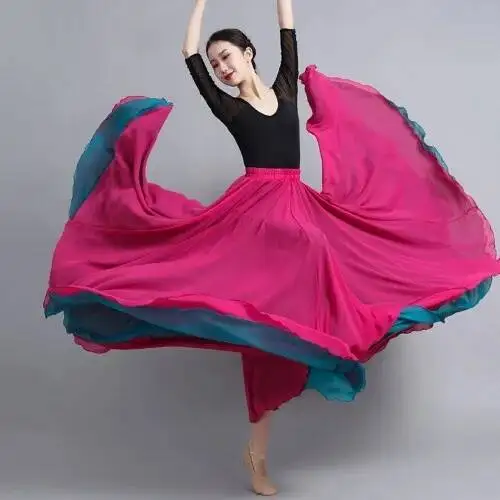 Flamenco Chiffon Dansrok Dames 720 Graden Effen Kleur Lange Rokken Danser Oefenkleding Chinese Stijl Rok met Grote Zoom