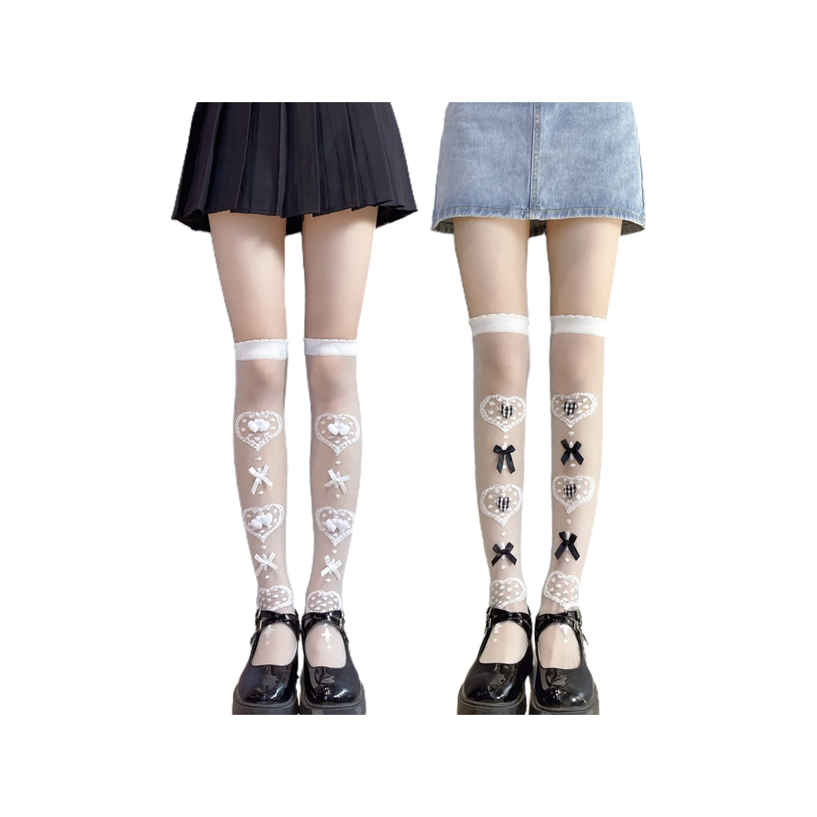 Lolita JK high socks set: 1 pair each of white and white bows + white and black plaid bows