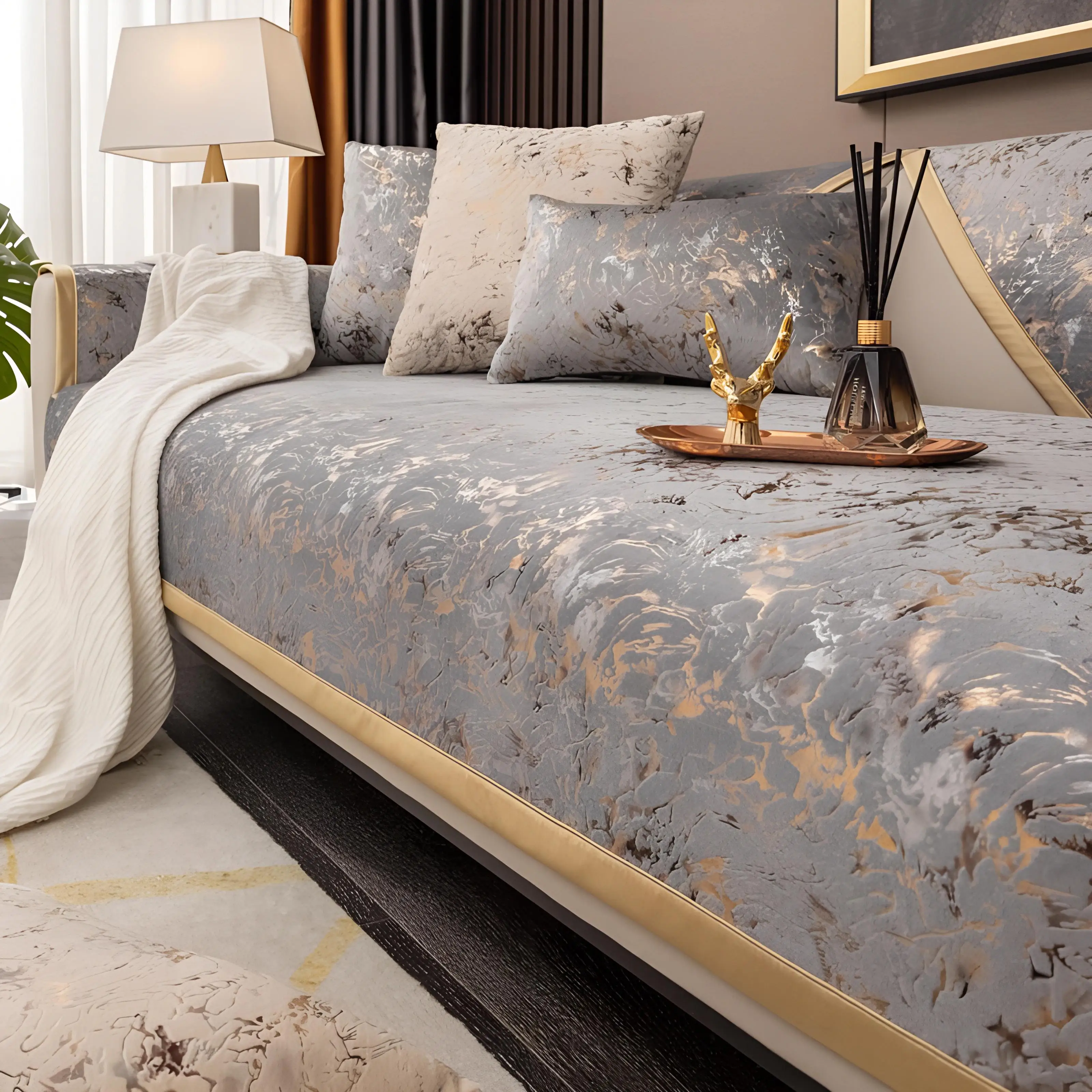Gilded Pattern Dutch Velvet Sofa Covers Sofas Towel Anti-slip Couch Protector Slipcover Sofa Blanket for Living Room Yellow Edge