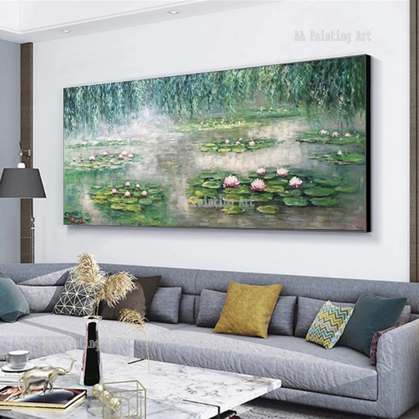 

Pure Handmade Monet Water Lily Canvas Oil Painting Picture Art Reproduction Bedroom Wall Decoration Flower Canvas Artwork