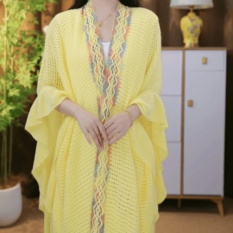 Autumn and winter new-style shawl women hollowed out colorful strips of lotus leaf outside with knitting sweater tourism photos