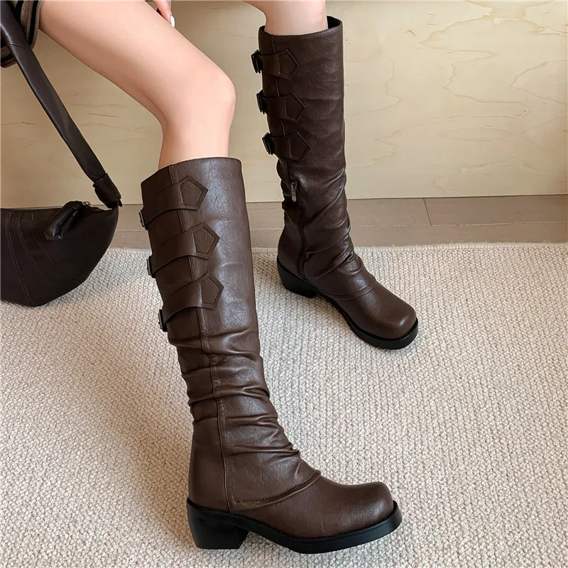 Botas hasta la rodilla de cuero genuino para mujer, zapatos de tacón grueso con cremallera, estilo occidental, opcionales