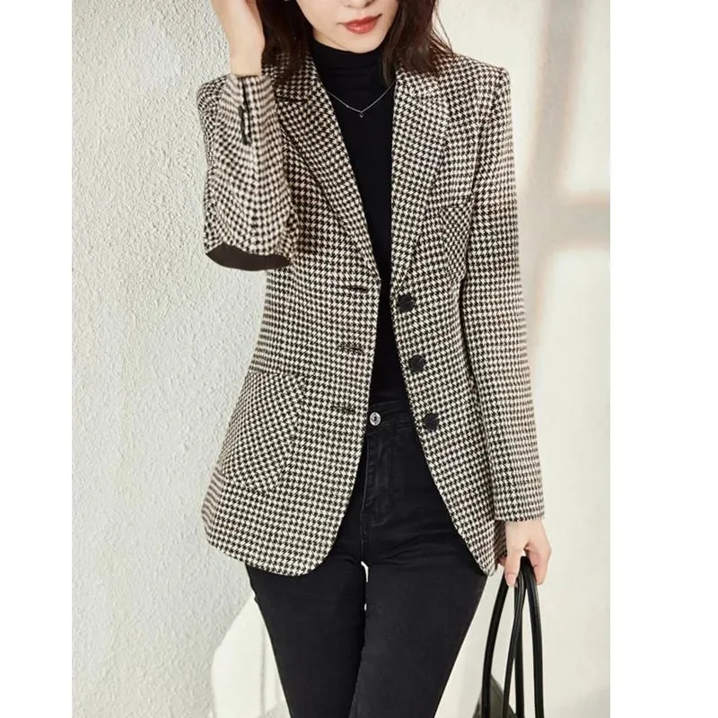 2024 Spring New Thousand-Bird Lattice Small Suit Jacket Women\'s Medium Length Slim Temperament Plaid Suit Everything Up Top XZ08