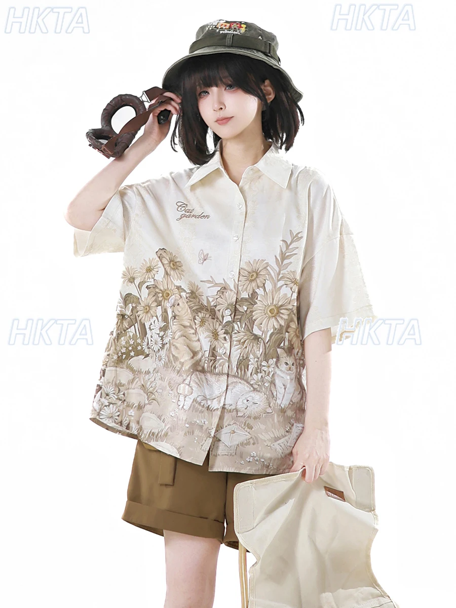 

Hanfu New Chinese Casual Cute Polo Collar Loose Shirt Cartoon Embroidered Camisole Vest Belt Brown Tooling Shorts Suit Women