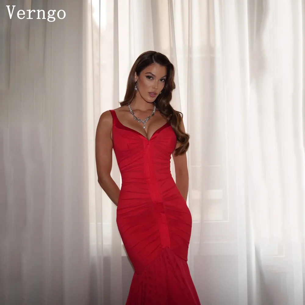 

Verngo Red Crepe Evening DressSpaghetti Straps Mermaid Prom Gowns Mermaid Pleated Prom Gowns Celebrity Customized